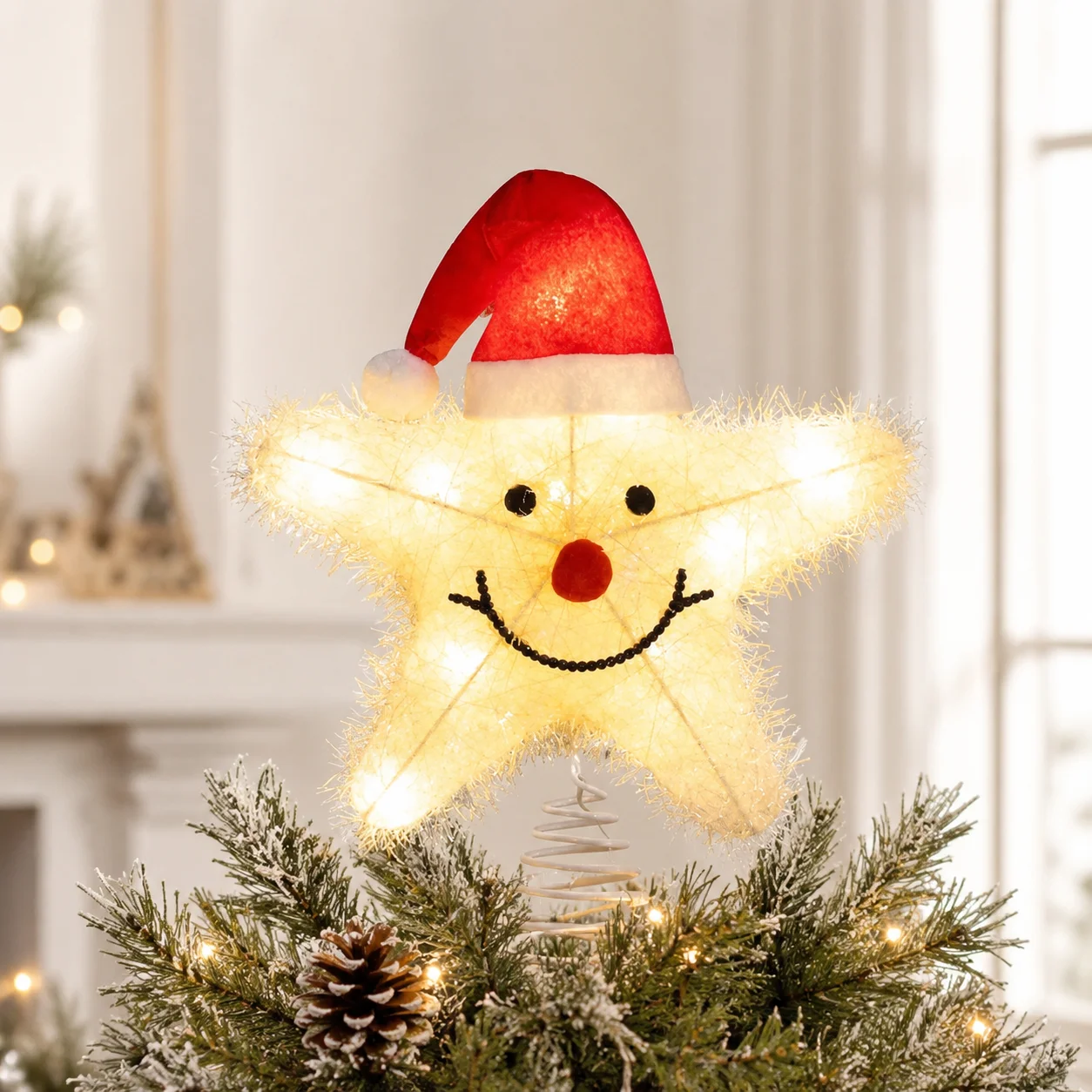 Creative Christmas Tree Star Topper LED Light Santa Design Battery Powered Treetop Decoration Ornament Holiday Home Decor
