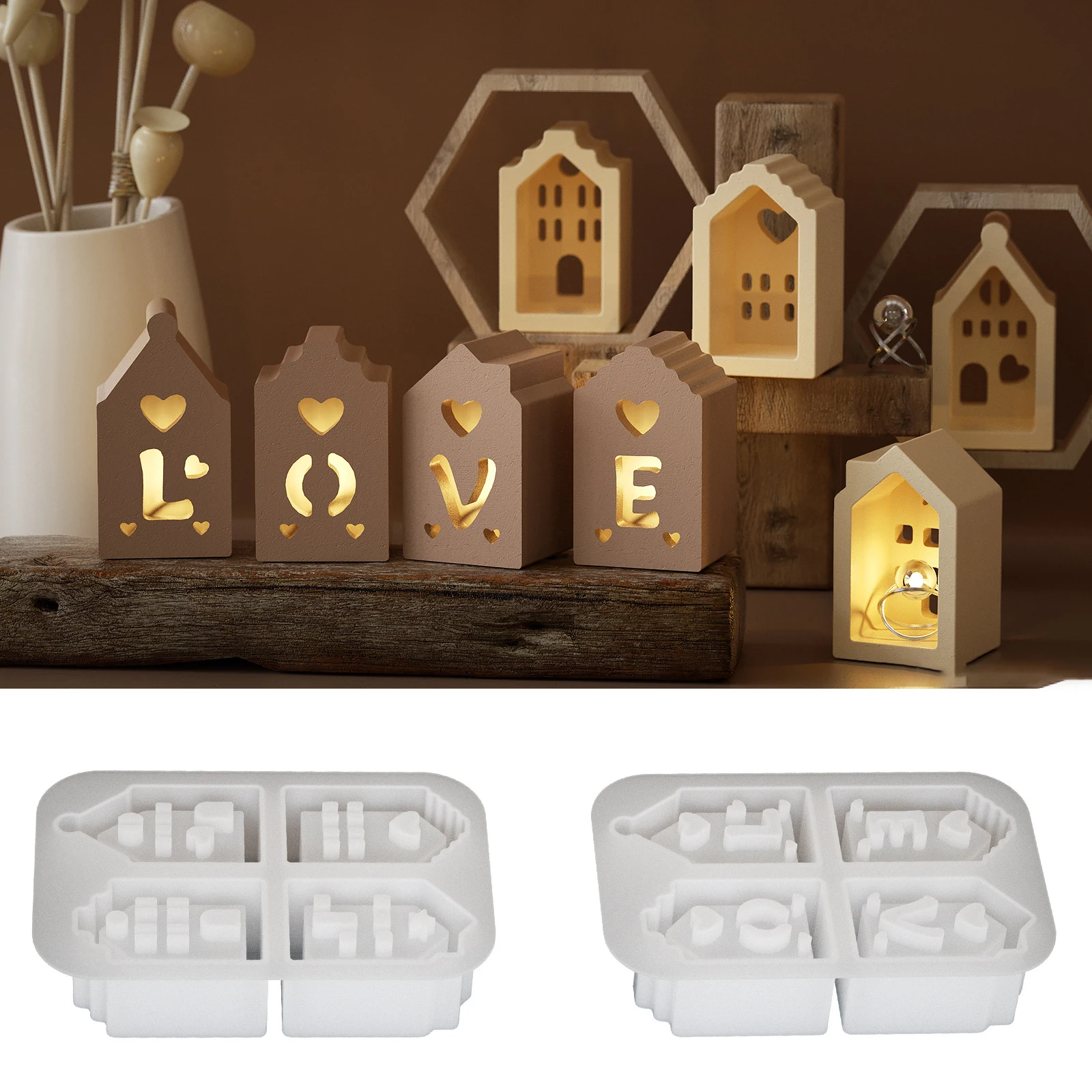 シリコンローソク足型,ミニハウスプラスター,コンクリート型,LEDライト,バレンタインデーの飾り,4 in 1