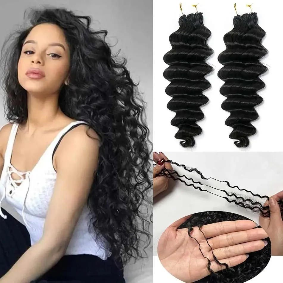 

Наращивание волос для крючкового плетения 12A Deep Wave Knotless, предварительно разделенные пряди, натуральные черные волосы Loose Wave, имитация перьев