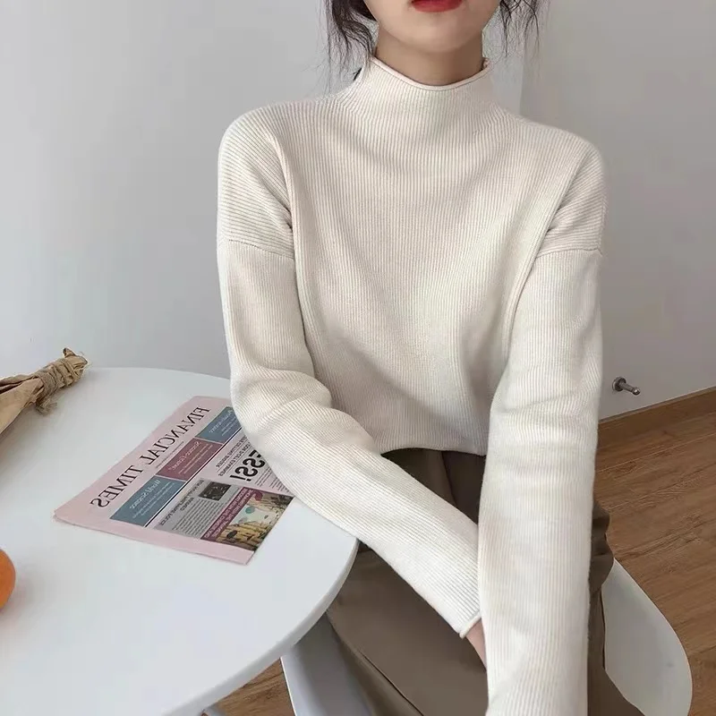 

Half High Collar Sweater for Women Autumn and Winter Thick White Sweater Loose and Versatile Knitted Sweater Top Jumper 31259