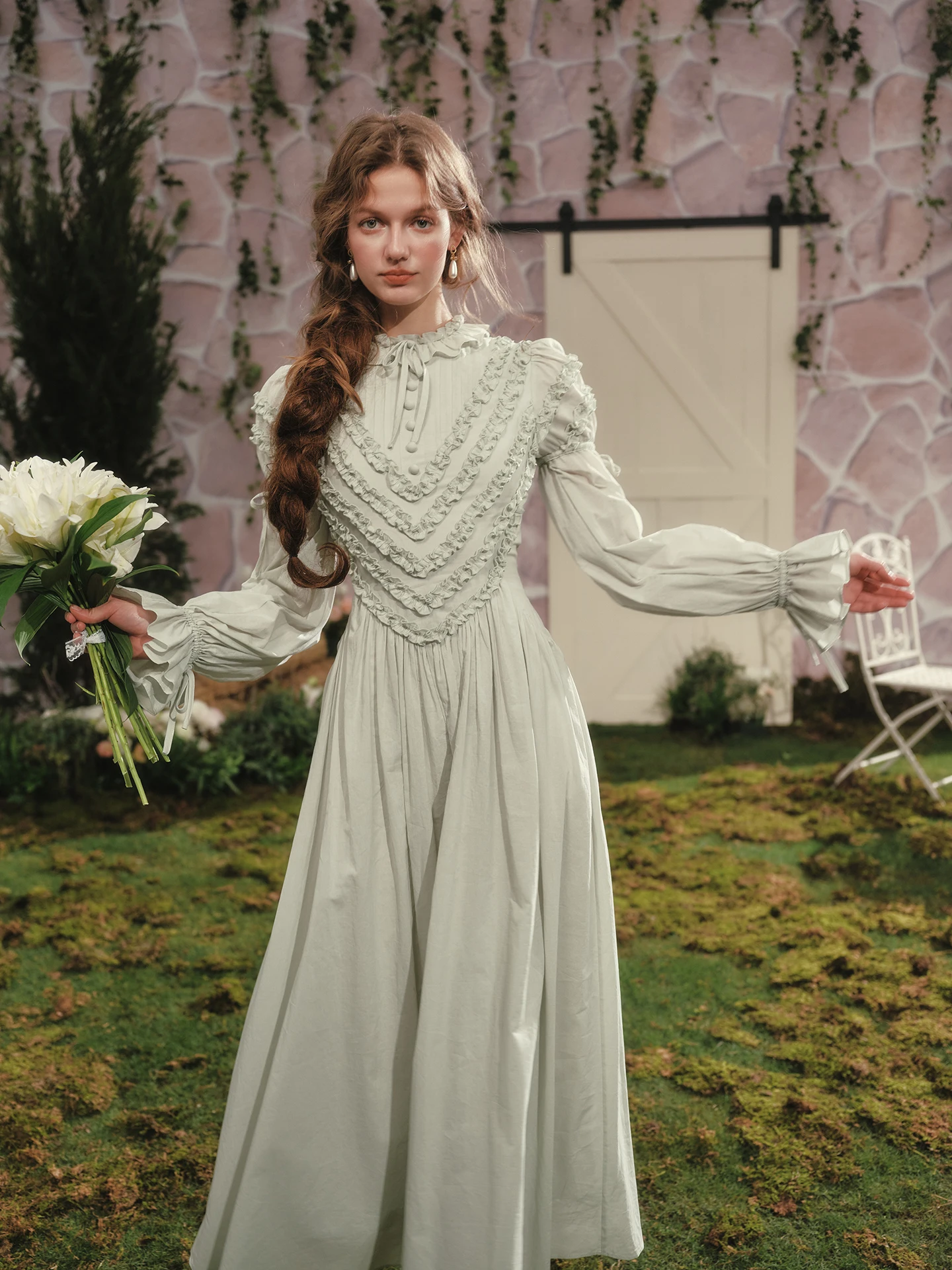 TIYIHAILEY Jesienna Sukienka Damska Długa Maxi z Bufiastymi Rękawami XS-XL Vintage z Wysokim Stanem 100% Bawełna Sznurowana Nowość 2025