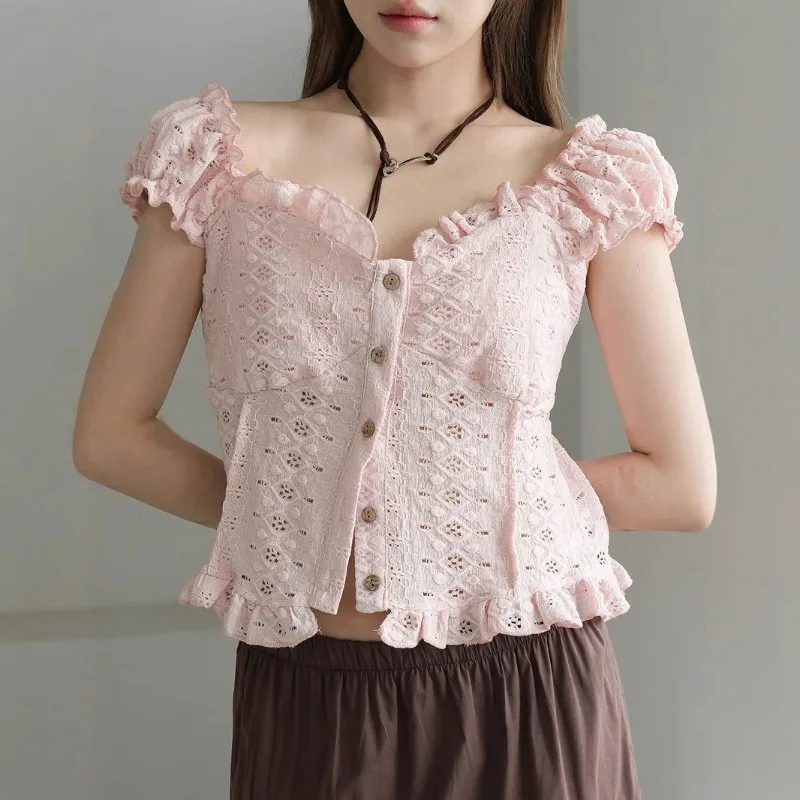 Hmsevenjz 여성용 여름 얇은 자카드 중공 짧은 카디건 탑 패션 여성 의류 용 v 넥 버블 슬리브 셔츠