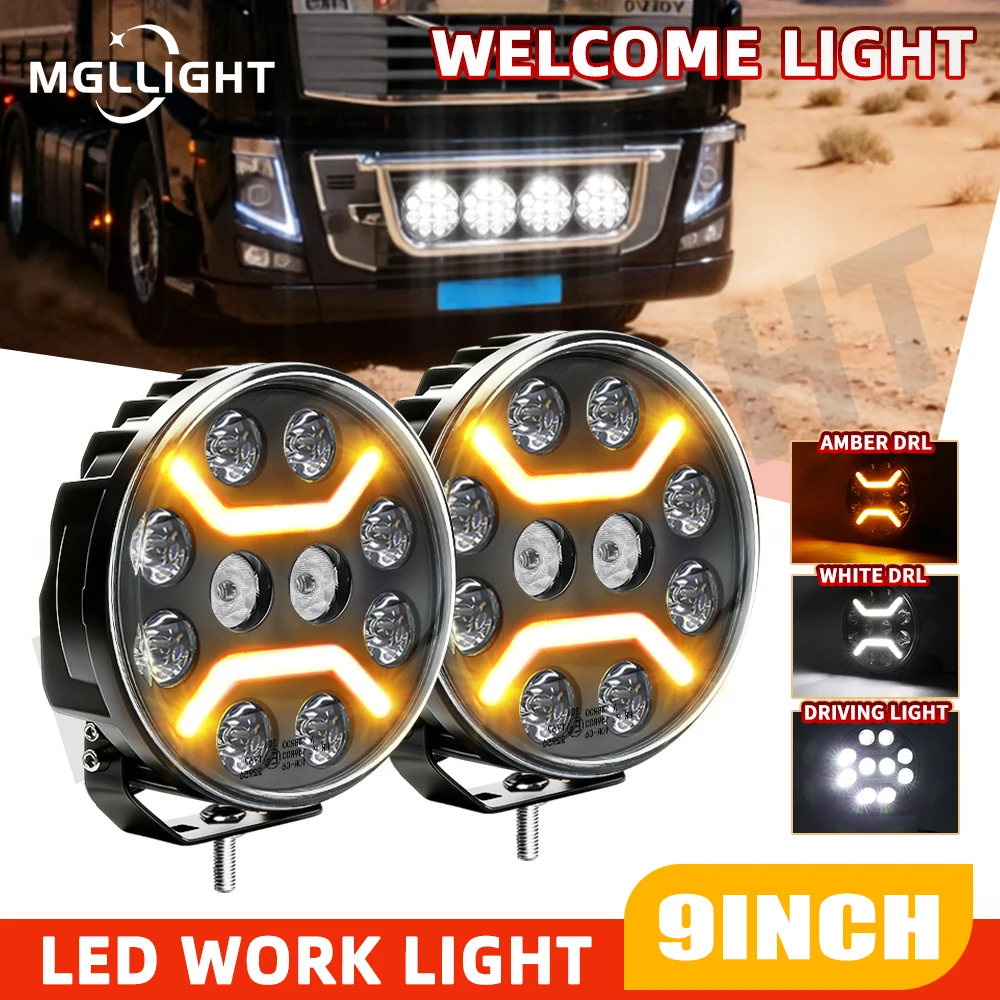 

HAOLIDE 9 " Round Off Road Light LED Driving Truck LED Work Spotlight Headlight Flash with Turn signal light White Yellow 12-24V