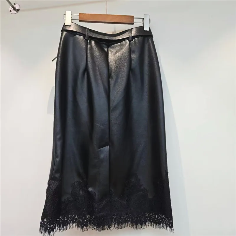 HKSH Women's Skirt Fashion Design Lace Spliced Sashes Elegant Stylish High Street Color Block PU Leather Straight Skirts HK25611