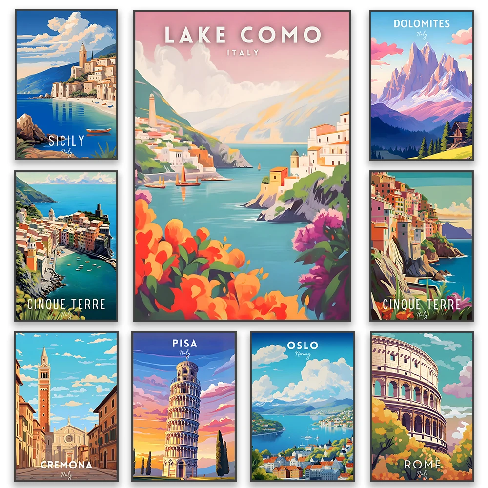 Póster artístico colorido de escena de viaje de Italia, paisaje de Cinque Terre, impresión de Sicilia, Dolomitas, milán, pintura en lienzo, decoración para sala de estar