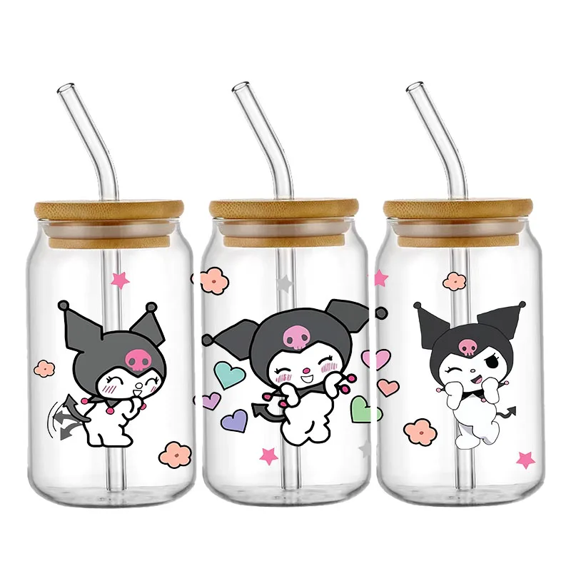 Sanrio stiker Transfer kartun Kuromi Dengan My Melody UV DTF stiker Transfer tahan air untuk 16oz stiker bungkus cangkir kaca