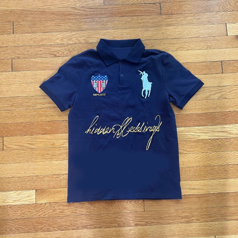 Men's and women's navy blue polo shirt pattern embroidered floral letters short sleeved casual versatile golf top T-shirt