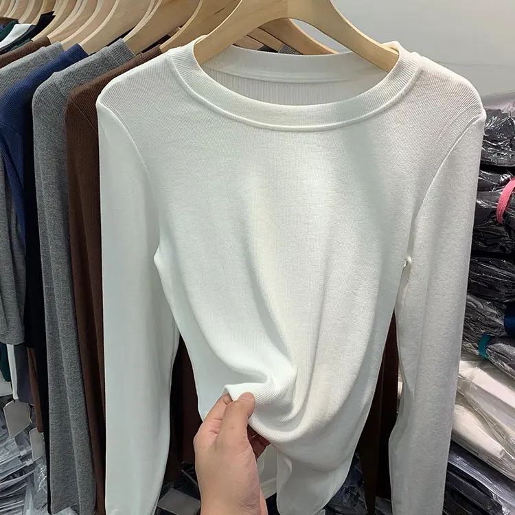 

Sli Color round Ne Long Sve T-irt Women's Inner Wear Base irt Top for Autumn Winter Faion Casual Wear