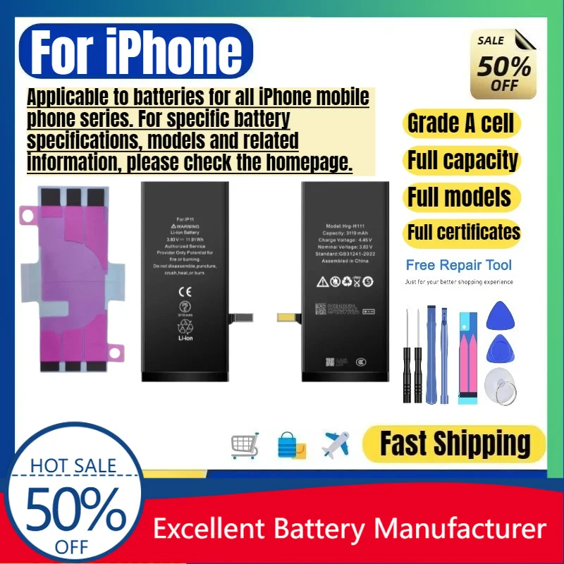 0 Cycle Battery for iPhone 11 12 13 Pro Max X XR SE 7/7Plus/8/XS/XSMax Phone Battery High Quality Replacement Bateria with Tools