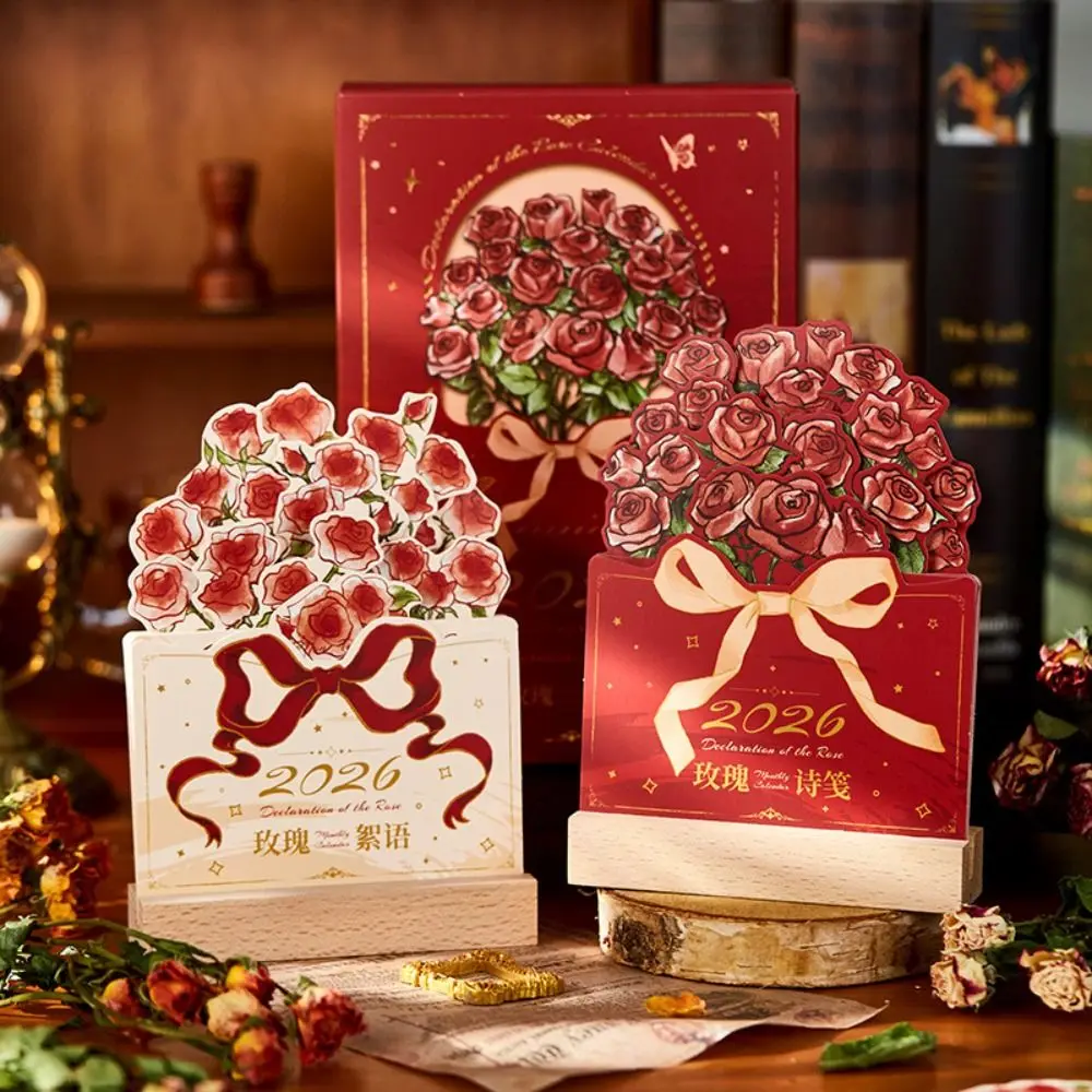 

Portable 2026 Desk Calendar Card Insert With Wooden Base Monthly Planner Rose Painting Daily Planner Desktop Decoration