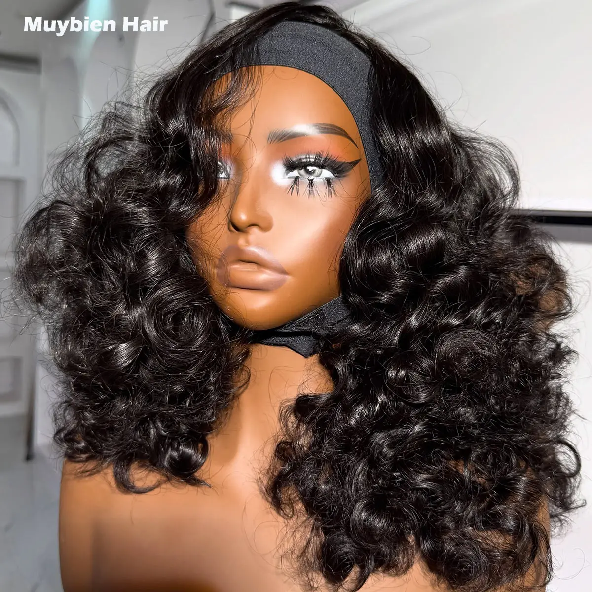 Human Hair #1b Black Bouncy Wave Head Band Wig 100% Human Hair Machine Made Headband Bouncy Curls Wig for Black Woman