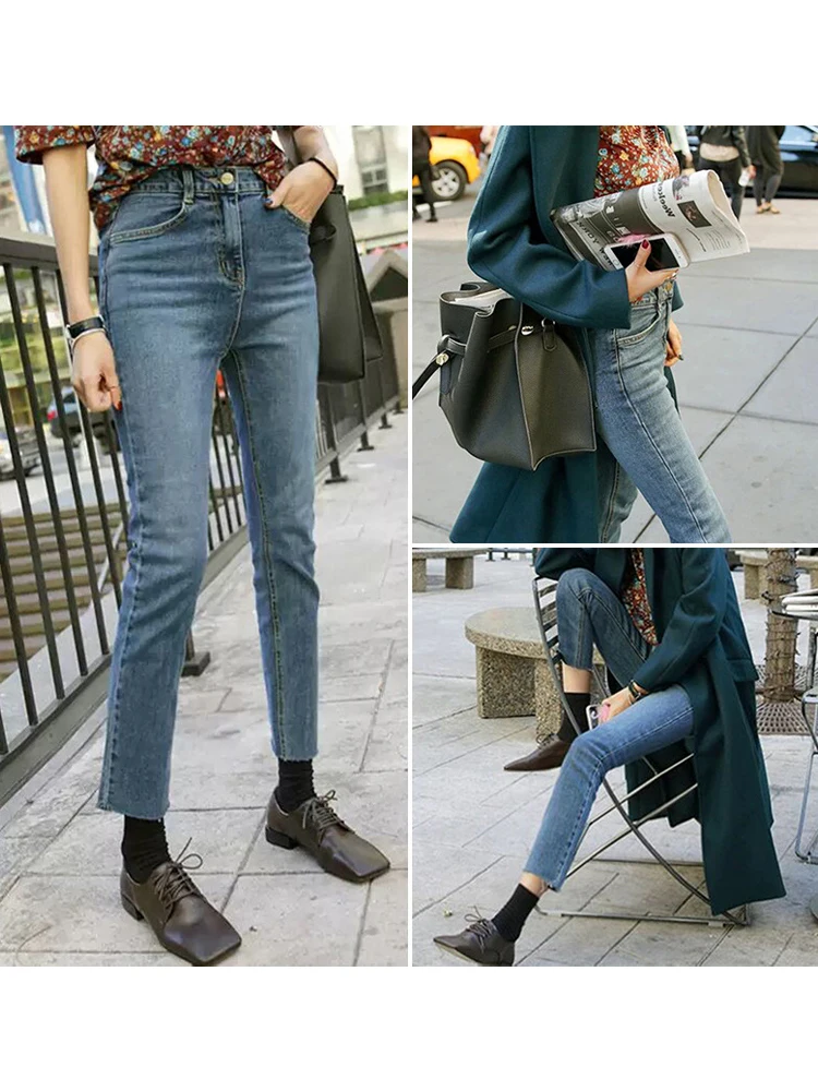 Jeans Pinggang Tinggi Wanita 2023 Musim Semi Baru Celana Denim Kaki Lurus Ramping Y2k Pakaian Wanita Dicuci Jeans Pacar Biru untuk Wanita