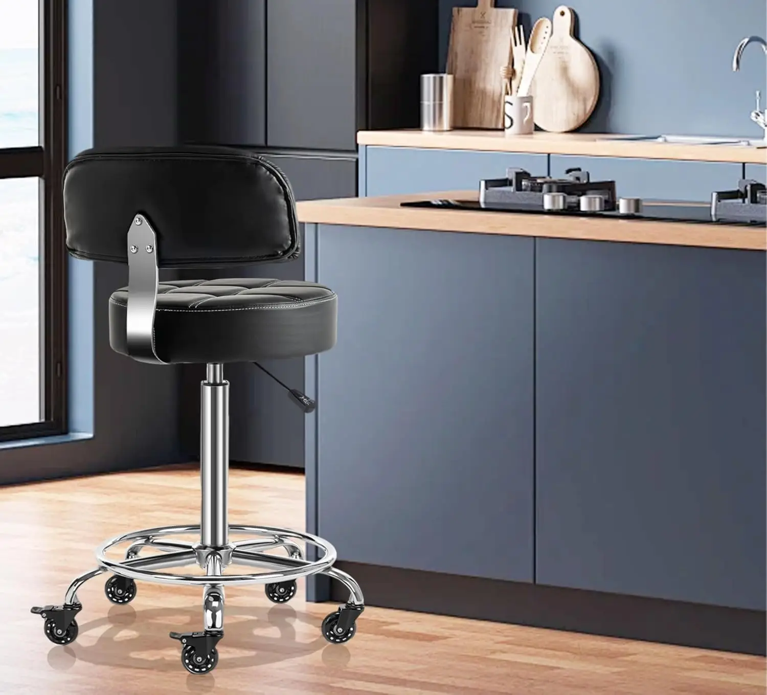 Lockable Stool with Back and Foot Rest Ergonomic Rolling Hydraulic Adjustable Stool (Black, 24''-31'')