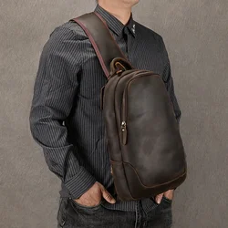 2025 New Men's USB Charging Large Genuine Leather Retro Leisure Travel Sports Cycling Chest Bag Shoulder Messenger Bag Daily Bag