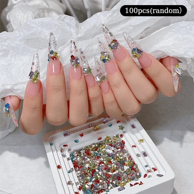 Doces Soda Crystal Nail Charms, Fundo Apontado, Diamante Brilhante, Multi Decorações Cut, Acessórios de Manicure, 100Pcs