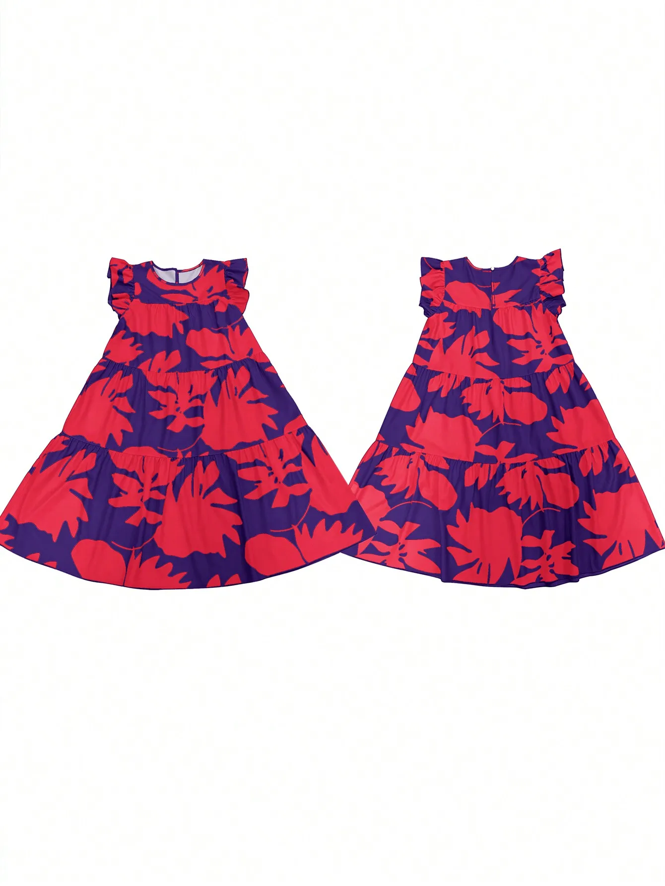 Sommerkleid für Damen, tropischer Blattdruck, locker geschnitten, mit Rüschenärmeln, Rundhalsausschnitt, ideal für Strandurlaub, Midi-Kleid, fließendes Sommerkleid, Damenmode. – Detail 2