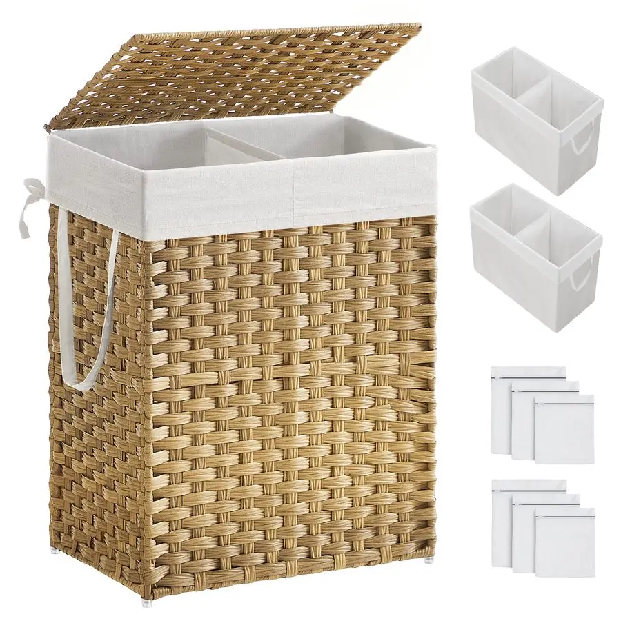 

Корзина для белья с крышкой, 90 л, с 2 съемными внутренними мешками, 6 сетчатыми мешками, плетеная корзина для белья, двойная корзина для белья