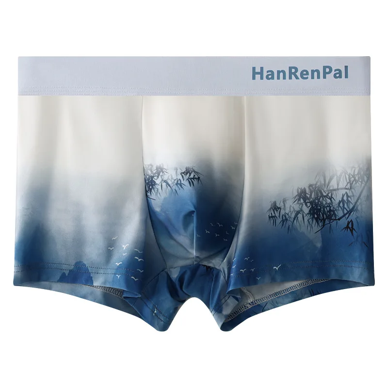 Printed Underwear Men Ice Silk Pantie Bulge Pouch Boxer Trunks Ink Wash Painting Underpants Male Traceless Lingerie Soft Panties