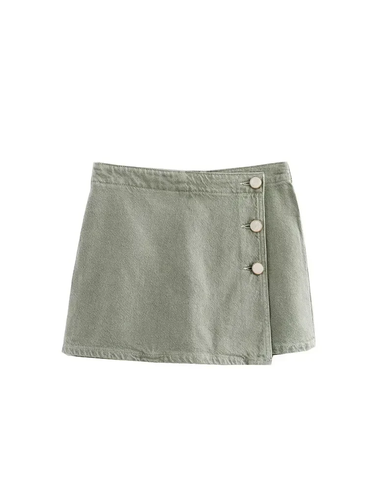 Nlzgmsj TRAF 2024 Summer Casual Chic Women Denim Shorts Skirt Solid Zipper Buttons Shorts Skirt Fashion Elegant Shorts