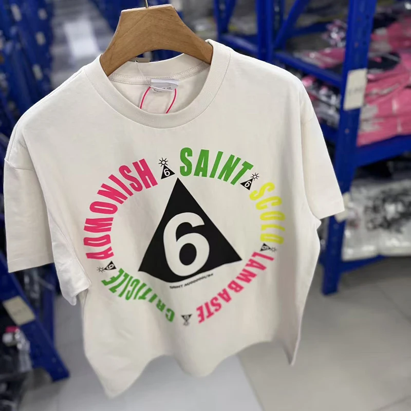 American Loose Saint T-shirt 6 Number Triangle Print Design Casual Round-neck Short-sleeved T Shirts Men Women Streetwear