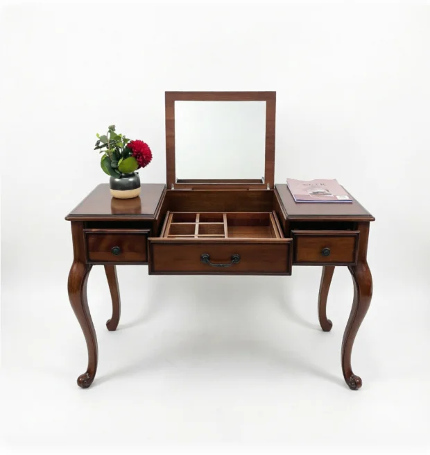 American Vintage Solid Wood Dressing Table with Flip Top Mirror and Storage Drawers Classic Bedroom Makeup Vanity Desk Set