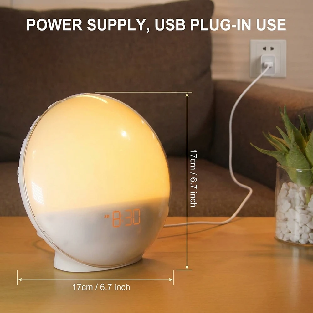 Wake Up Light Alarm Clock with Sunrise/Sunset Simulation Dual Alarms FM Radio Nightlight 7 Colors Natural Sounds Snooze view 5