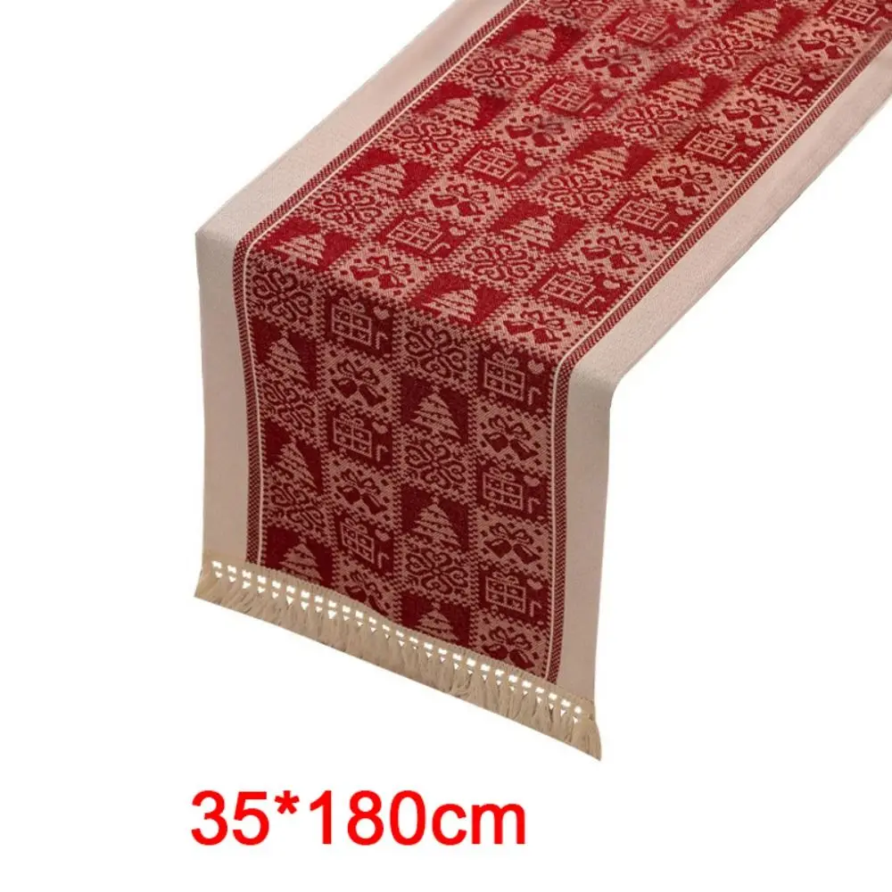 Polyester Christmas Table Runner Santa Claus Pattern Snowflake Pattern Long Tablecloth Cartoon Pattern Multi-Color Tassel