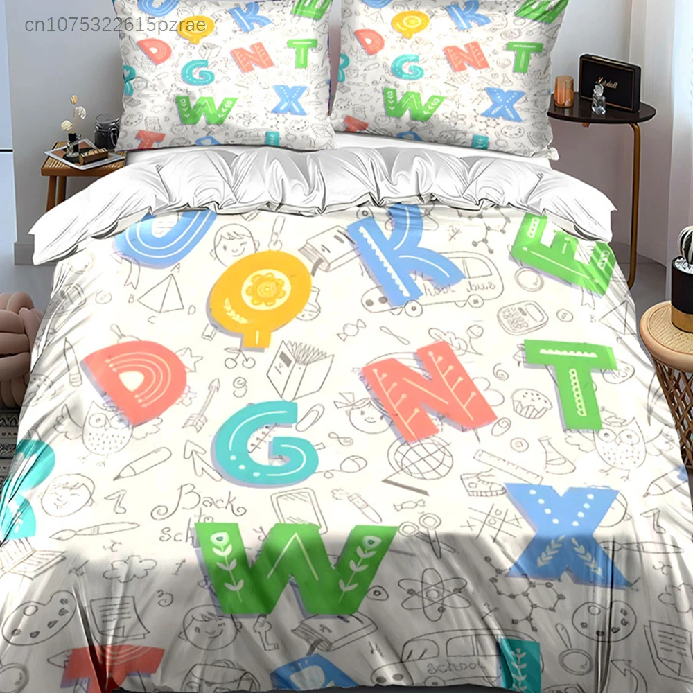Cute Hand Drawn Alphabet Bedding Set,Kids Educational ABC Letter Doodle Print Duvet Cover Set,Soft Microfiber Bed Linen For Kids