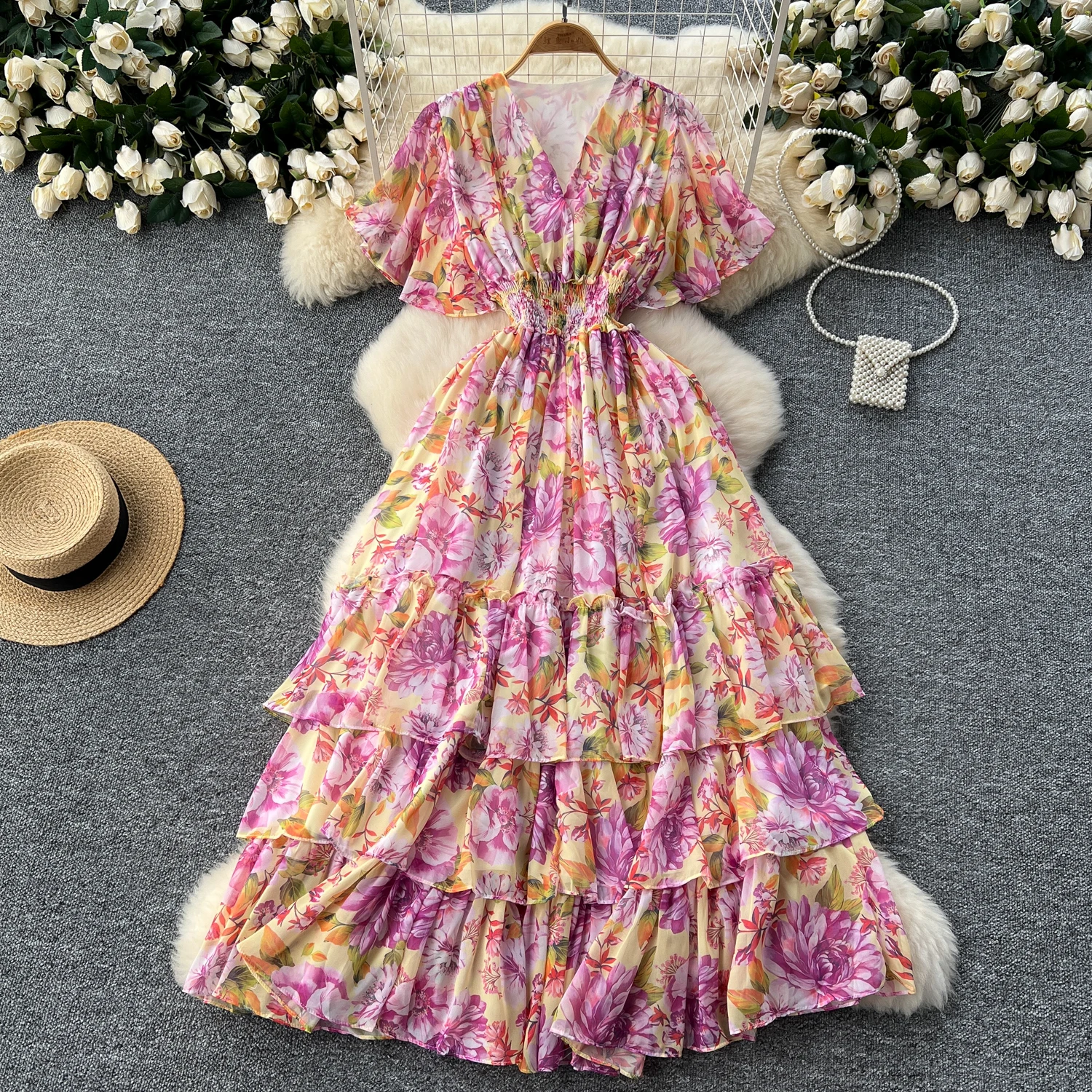 Retro v neck Butterfly sleeve print chiffon Elegant summer  Dress A-line Flare Sleeve Vacation print Women Vestidos dresses