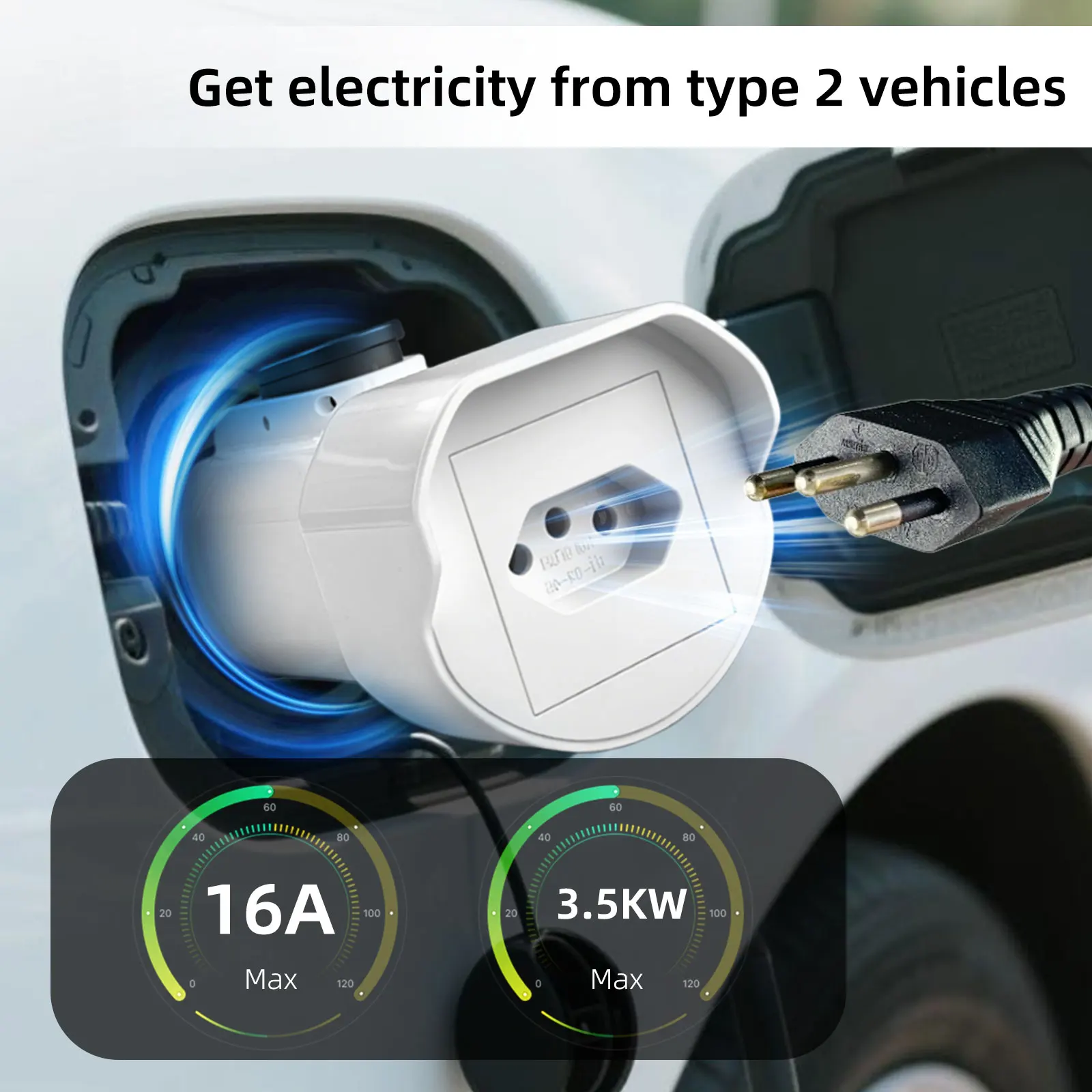 مفرغ EVqiaoyi Type2 V2L مع زر إيقاف التشغيل 16A MG BYD قابس السيارة إلى التحميل لمركبات الطاقة البرازيلية الجديدة