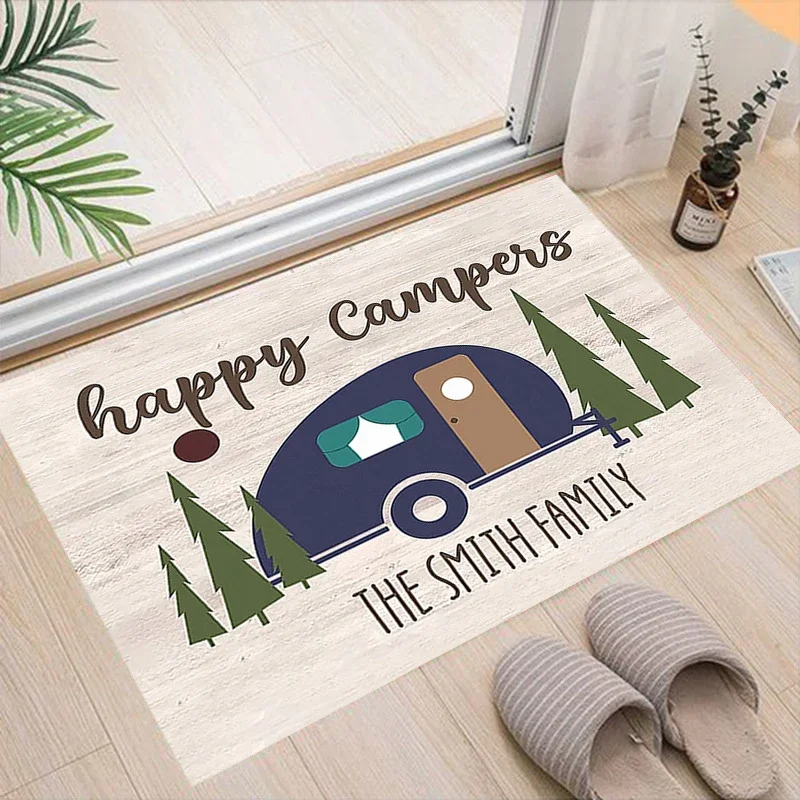 Willkommens-Fußmatte für Camper, bedruckte rutschfeste Teppichmatte mit Happy Camper-Motiv, zur Heimdekoration, für den Außenbereich, RV-Thema, Eingangsteppich