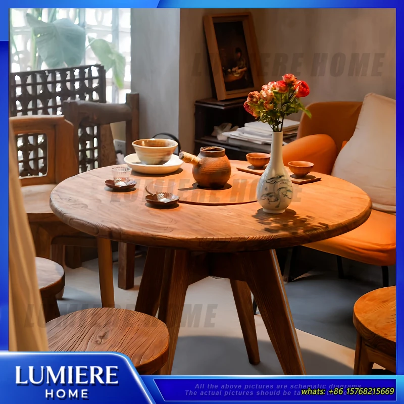 

Vintage Cherry Solid Wood Round Coffee Table for Small Living Room Dining Table Minimalist Japanese Style Tea Table for