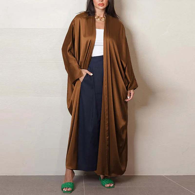 

Мусульманский женский коричневый атласный халат Абая, свободный длинный халат с открытой передней частью, скромная повседневная одежда, молитвы, свадьбы, Religiou, стильный, удобный