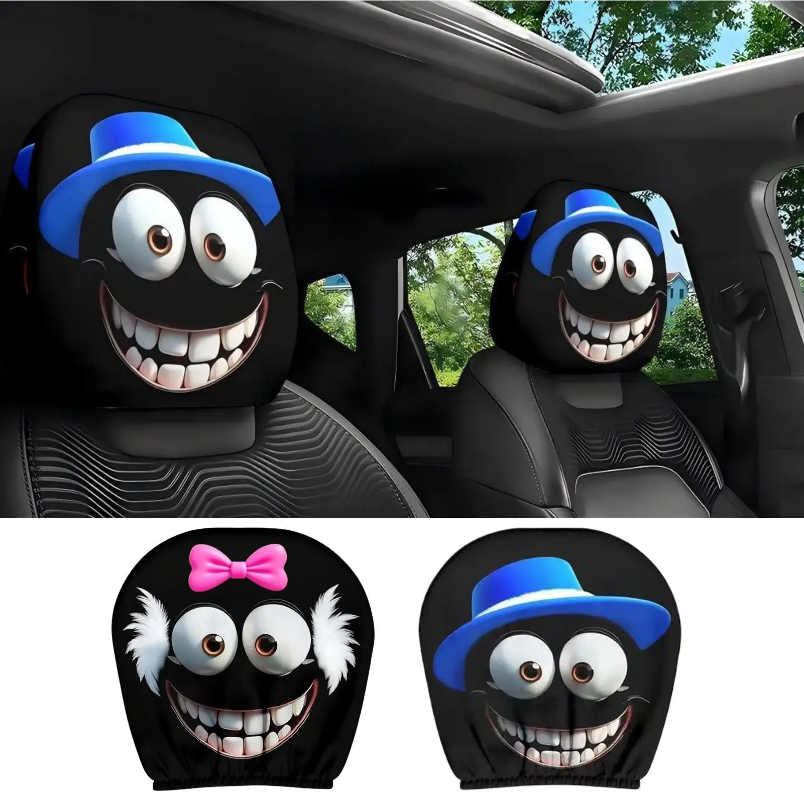 

2PCS Funny Cartoon Eyes Headrest Covers, Car Front Seat Head Rest Decor Pillow for SUV Truck MPV RV, Auto Interior Accessories