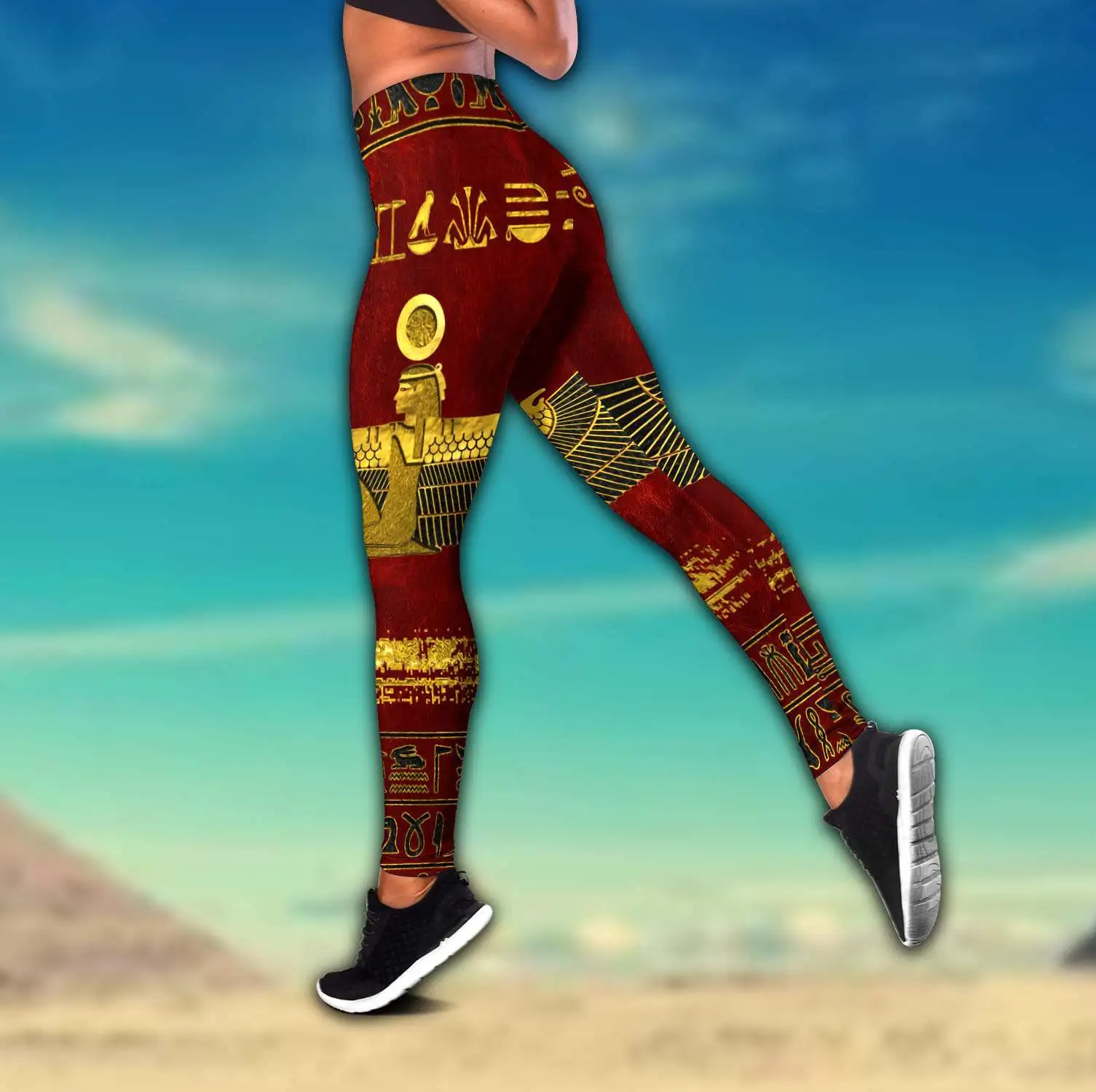 Egyptian Ancient Queen Red Pattern 3D Printed Tank Top & Leggings Set Fitness Female Full Length Leggings Yoga Pants LKB-35