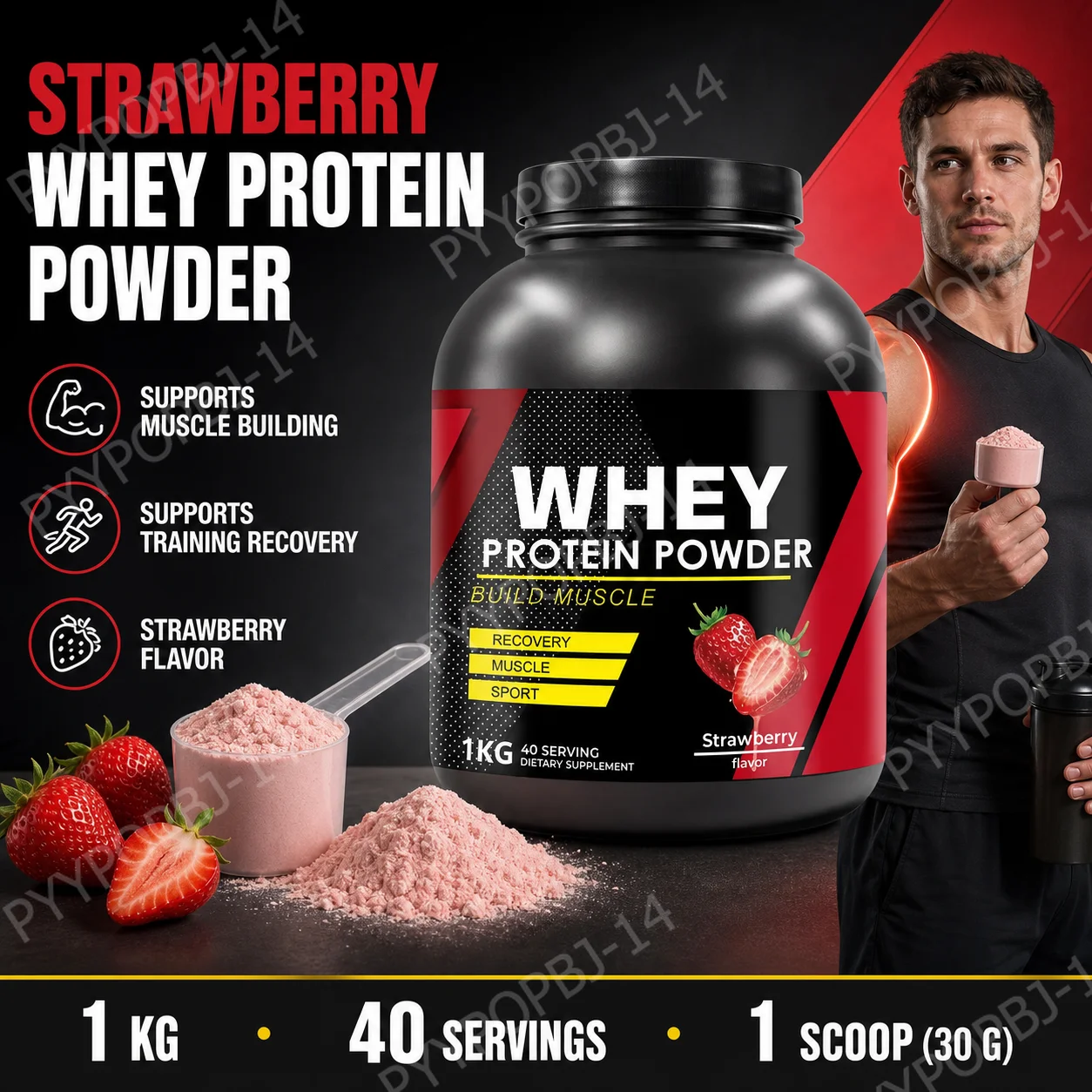 Strawberry Whey Protein Powder for Workout and Muscle Support, Daily Protein Nutrition for Active Adults, Sports Formula, 1kg