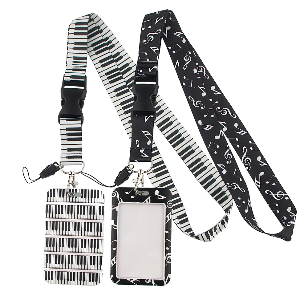 Dongmanli - Portacredenciales con cordón y estampado de notas musicales de piano, llavero, tarjetero, para gimnasio, móvil, niños, regalos