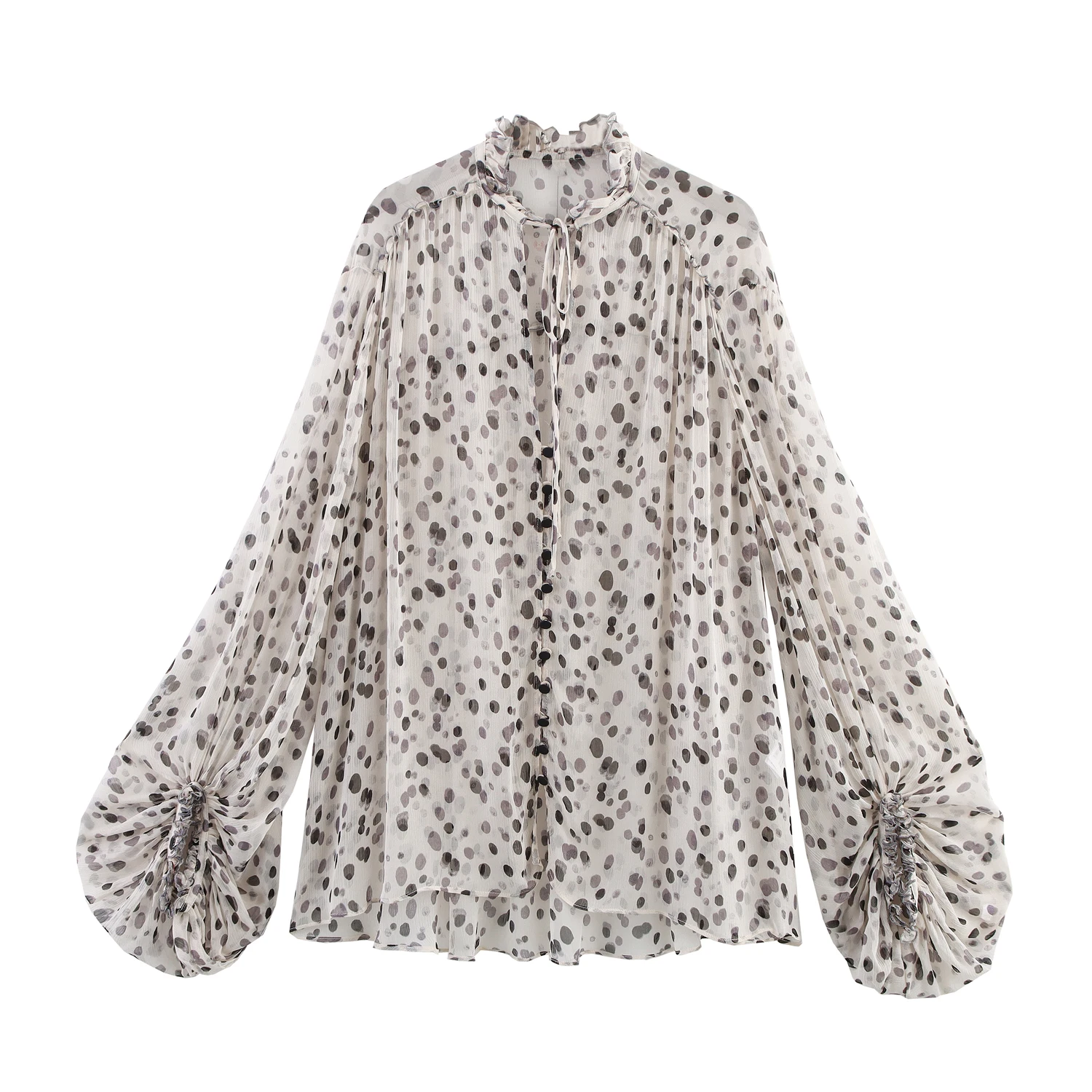 

Polka Dots Shirt Women Casual Loose Thin Blouse 2025 New Summer Elegant Chiffon V- Neck Lace Up Long Sleeve Ruffles Tops Lady