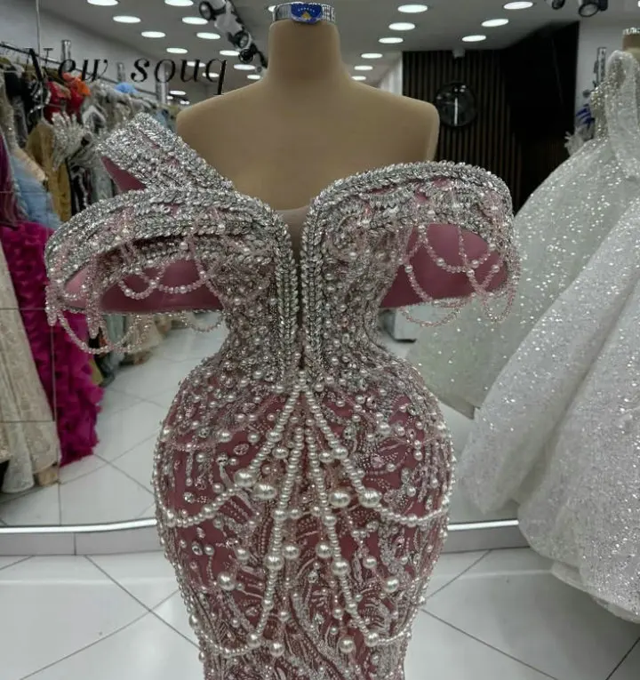 Soft Pink Pearls Beaded Crystals Mermaid Evening Dresses 2025 Customized Long Off Shoulder Wedding Party Gowns Formal Prom Robes