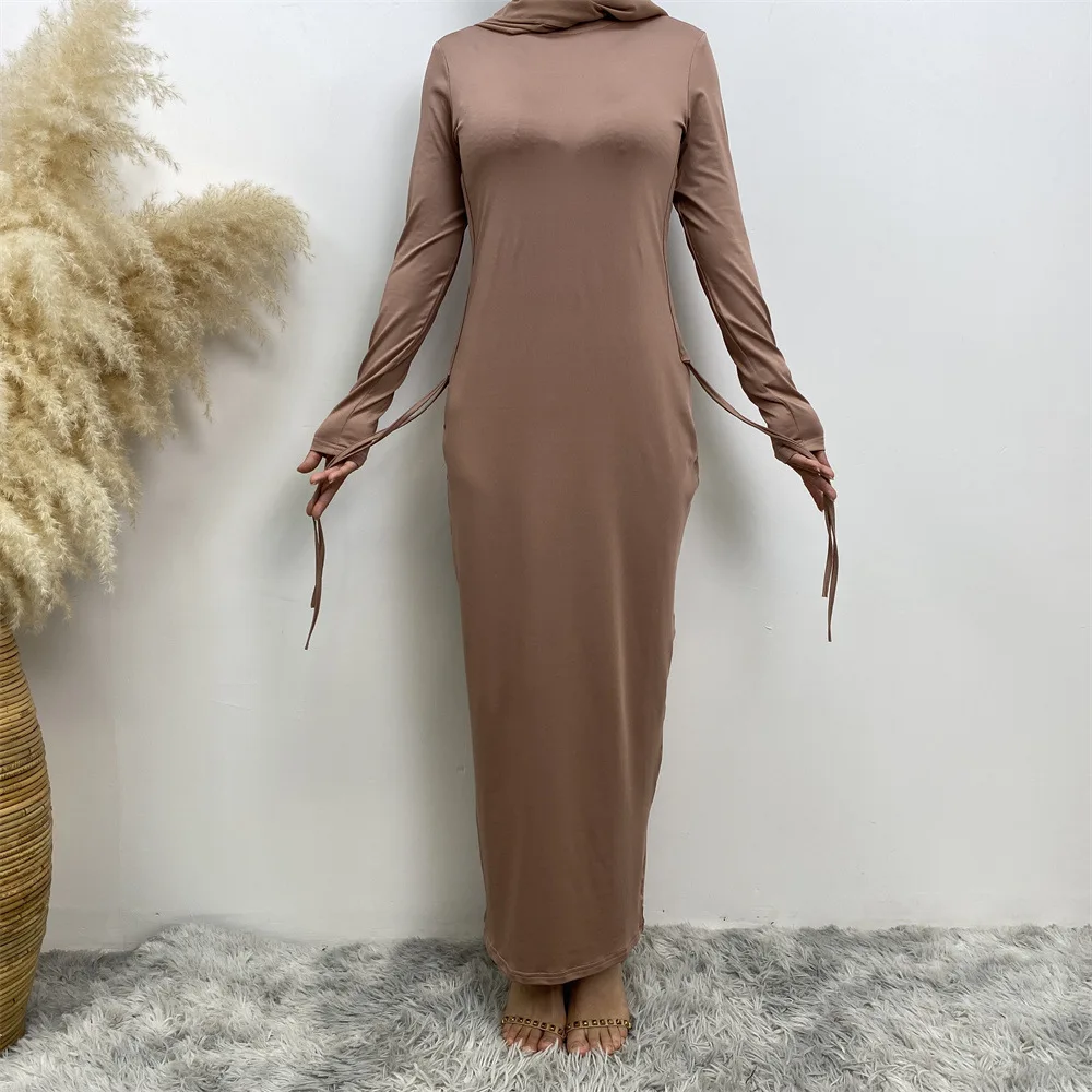 Elegant Maxi Dresses Muslim Abaya Arabic Solid Color Long Sleeved Dress for Women Side Drawstring