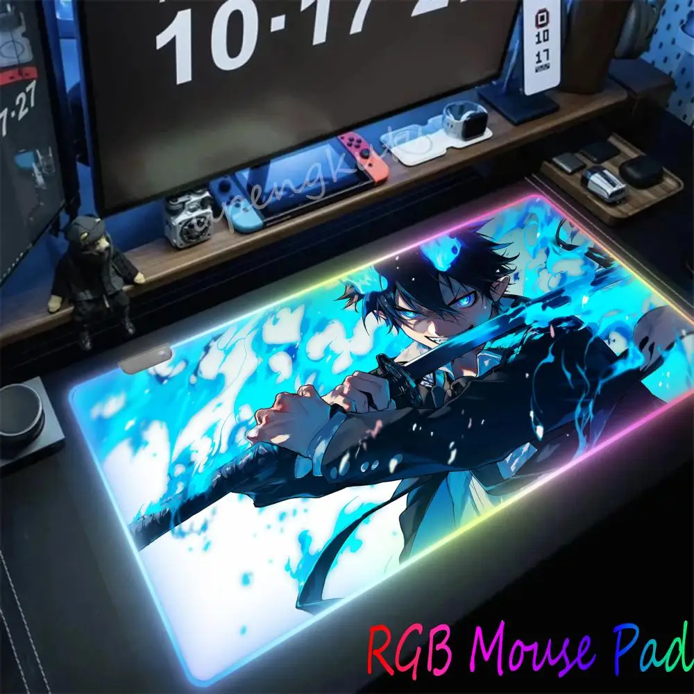 

RGB Mouse Pad Blue Exorcist Anime Mats Computer Accessories Desk Mat Game Mousepad use with non slip suitable for desktop laptop