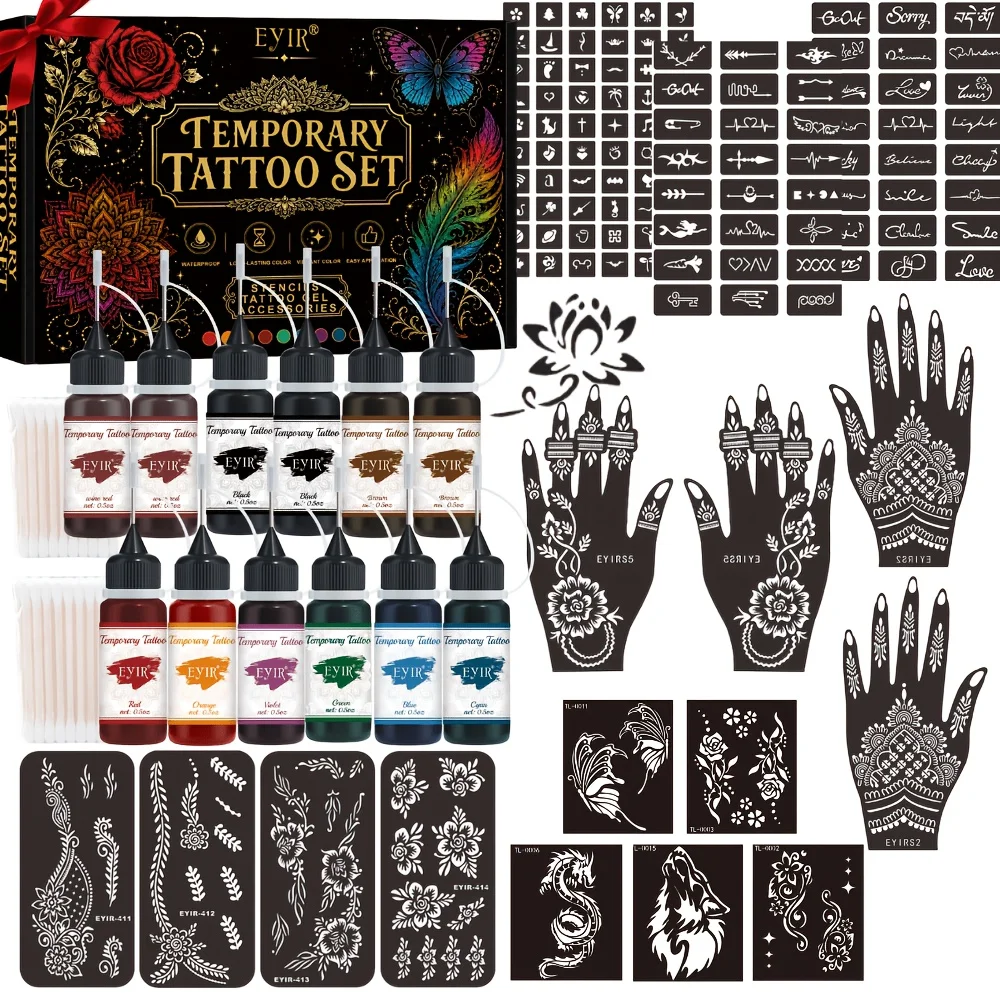 EYIR 12 Colors Henna Tattoo Paste Kit Temporary Body Art Ink With Hand Stencils Floral Mandala Templates DIY Painting Set