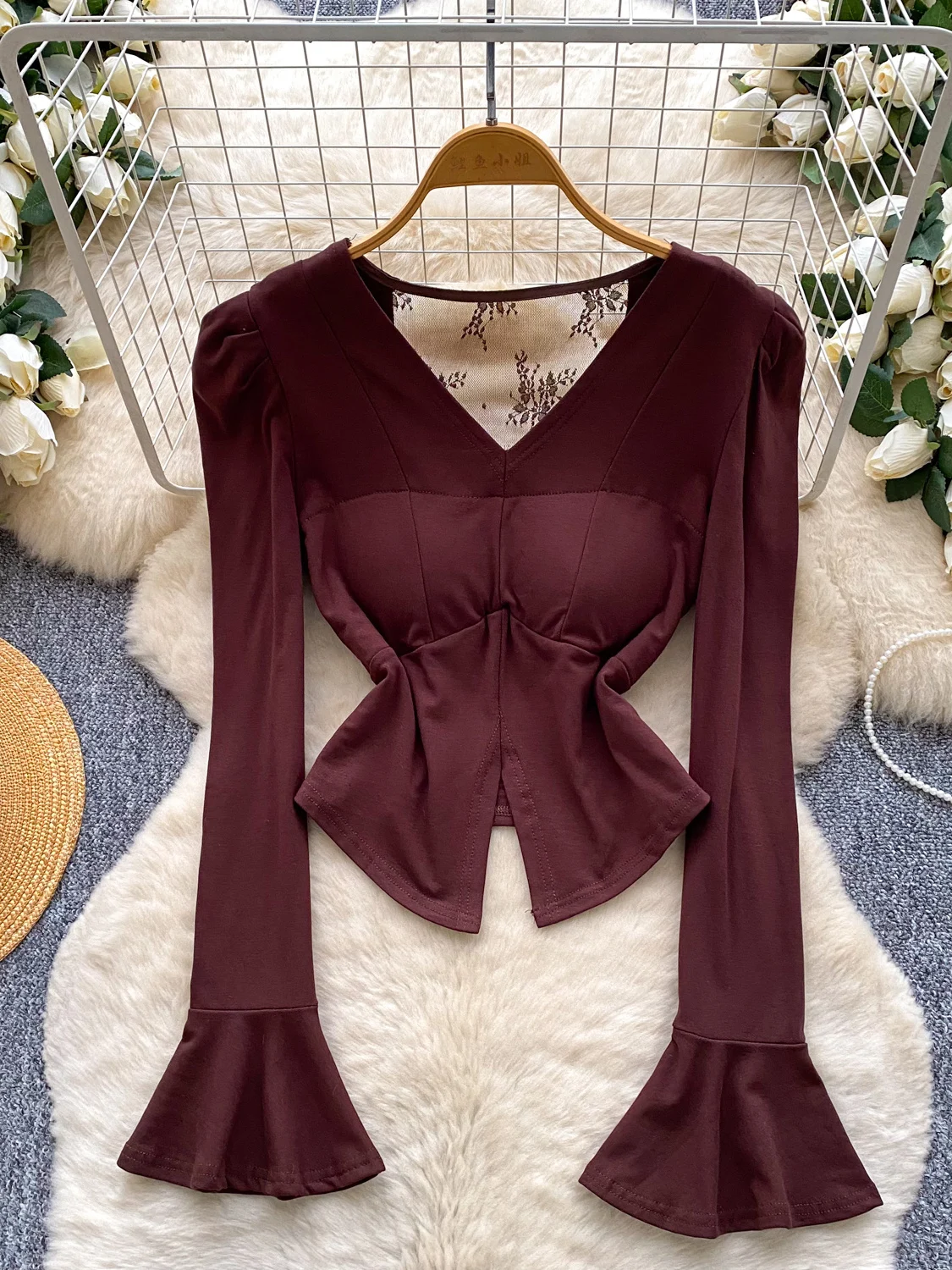 

2026 New Autumn Women V-neck Flare Sleeve Shirt Back Hollow Out Embroidered Lace Patchwork Solid Color Short Shirt Tops