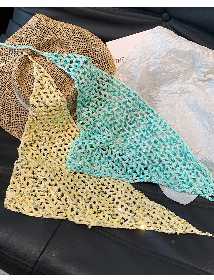 

Мятно-зеленый треугольный платок с пайетками, женский летний тонкий дышащий шарф-бандана класса люкс, пляжный платок, вязаная повязка для волос