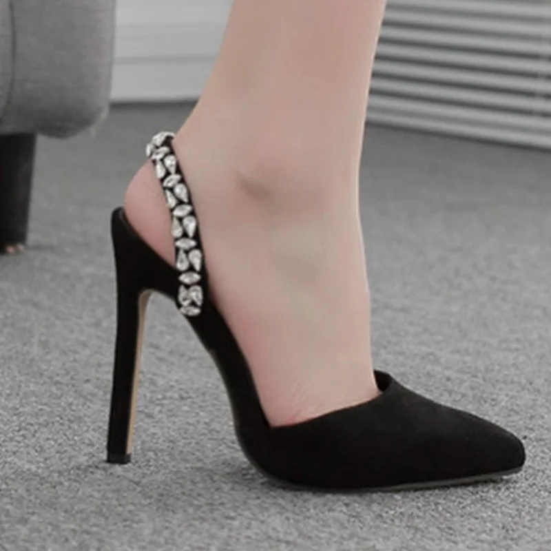 

Shiny Crystal Patent Leather Pointed Toe Stiletto Pumps Women Back Strap Slip On Slingback High Heels Sexy Elegant Party Shoes