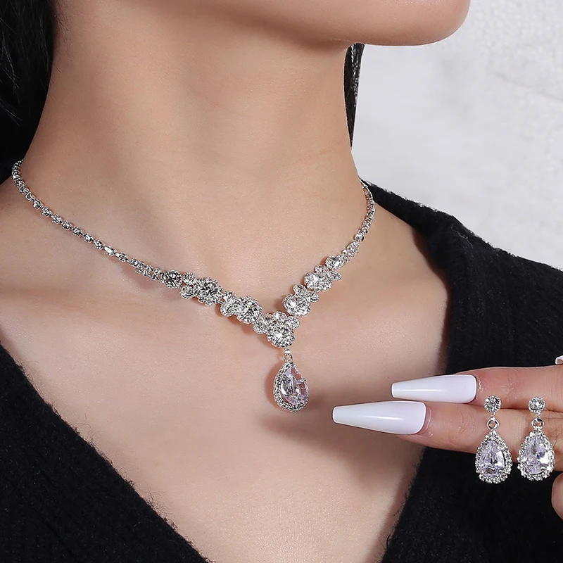 Luxury Teardrop Zircon Pendant Necklace Earrings Set Elegant Exquisite Crystal Necklaces Women Bride Bridesmaid Wedding Jewelry