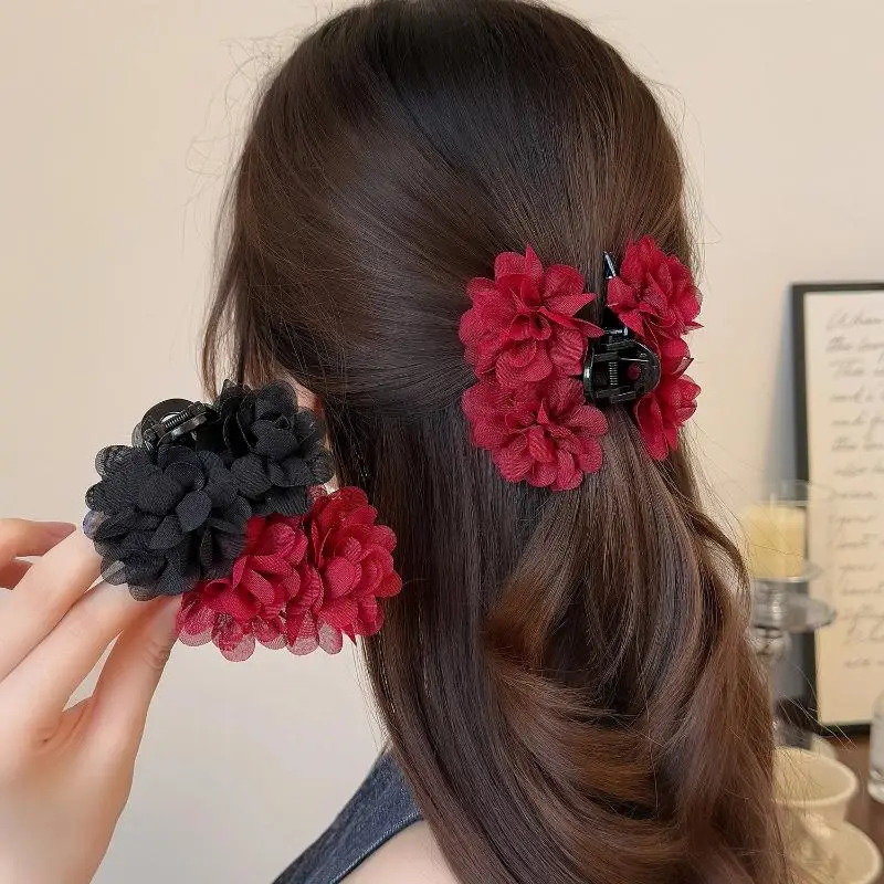 Pinza de Pelo de Tela con Diseño de Rosa para Mujer, Elegante Clip para Cola de Caballo, Dulce Pinza de Pelo con Flores, Accesorios para el Cabello