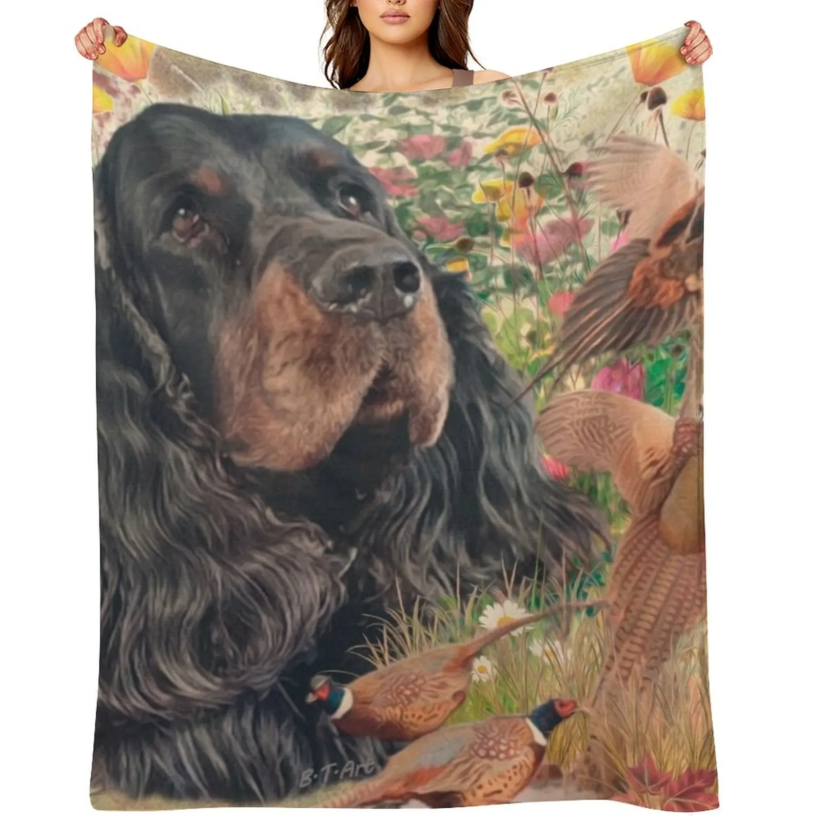 

Gordon Setter with pheasant Throw Blanket Designers christmas gifts Hairys Camping Blankets