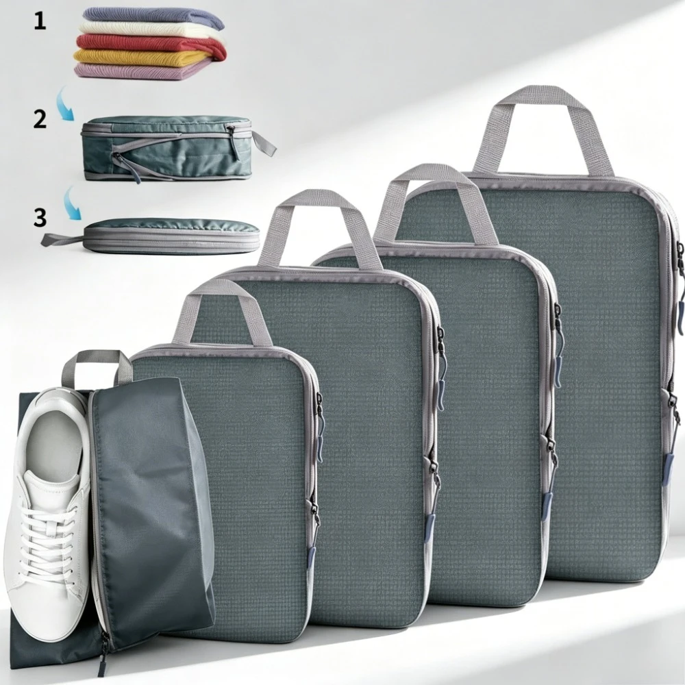 5PCS Travel Compressed Packing Cubes Storage Organizer Set With Shoe Bag Mesh Visual Luggage Portable Lightweight Suitcase Bag