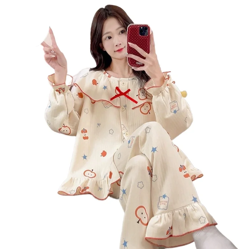 New Sweet Thickened Cardigan Air Long-sleeved Sandwich Loungewear Set Pajamas with Chest Pads To Keep Warm in Autumn and Winter